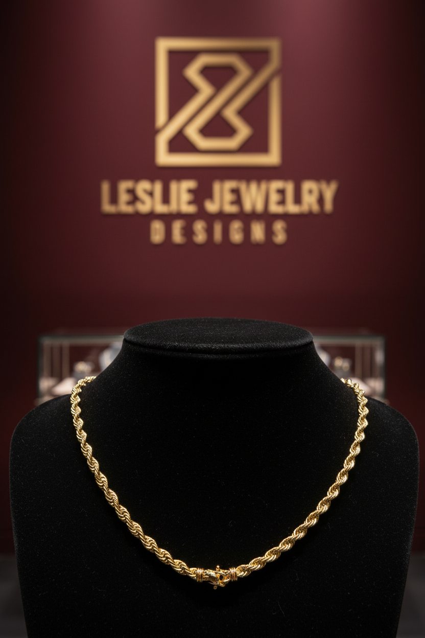 Close-up with Leslie Jewelry Designs logo background