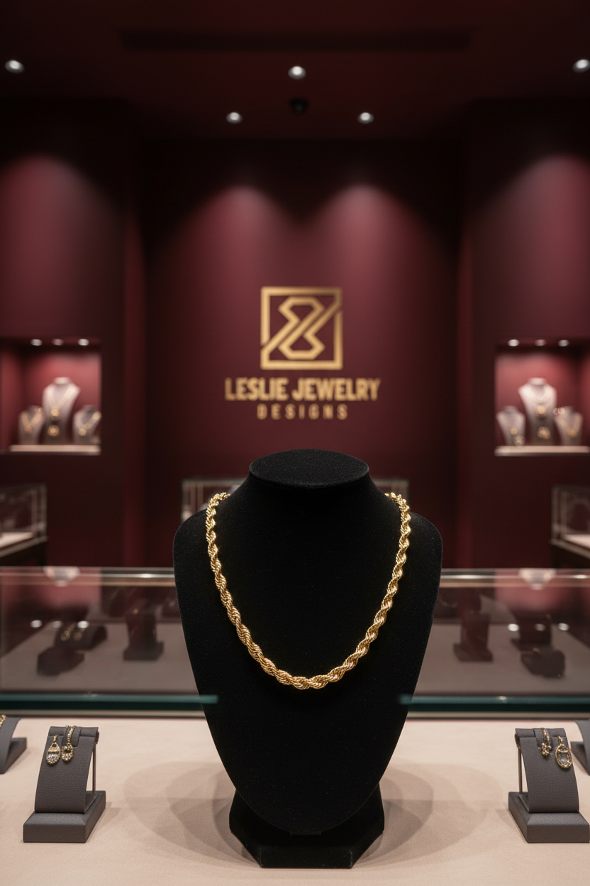 Gold rope chain in Leslie Jewelry Designs showroom - main view